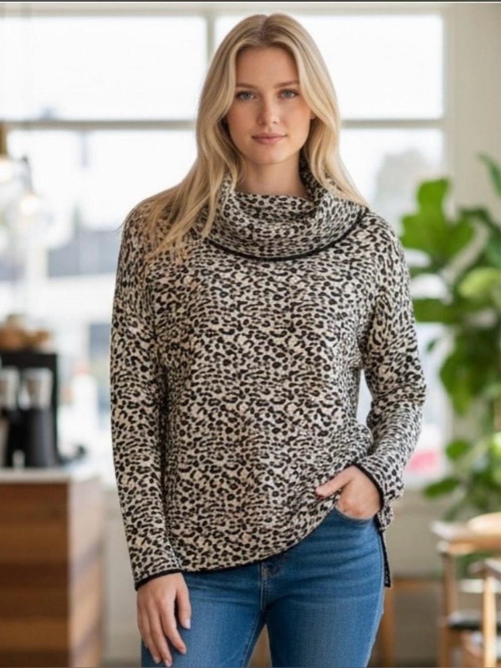 Calvin Klein Black and Tan Leopard Print Animal Cowl Neck Sweater, Size L